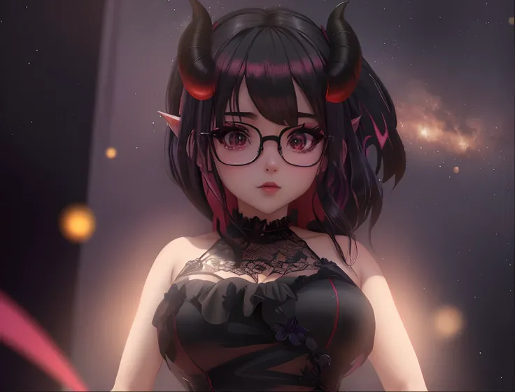 Anime girl with horns and glasses in a black dress, Demon girl, menina anime demon, meu vestido queridinho anime, Anime estilo 3D, Succubus em vestido curto apertado, succubus, 1 7 - year - old anime goth girl, mara demon, mika kurai demon, Succubus bonito...