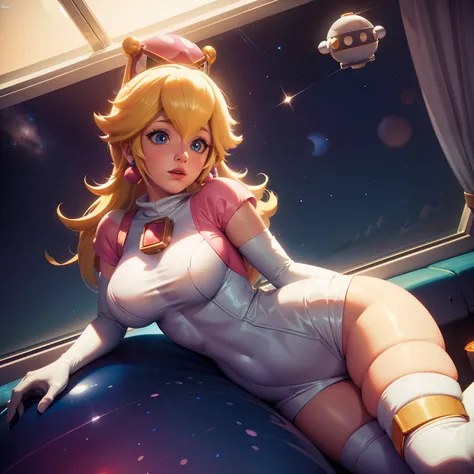 princess peach from super mario as an astronaut in a spaceship, wearing a space suit, looking out of a window, intricate details...