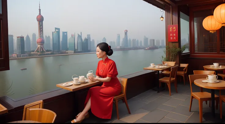 Date: 1950
Location: Shanghai, China
Description: At a chic rooftop restaurant overlooking the Bund, a woman in a qipao enjoys a cup of tea as vintage bicycles pass on the cobbled street below.