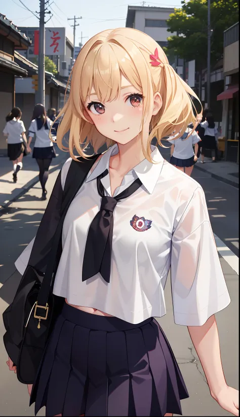 1girl in、A smile、The shirt、skirt by the、（small tits）Chilarism、Japan High School Student Uniform、serafuku、summer clothing、（Sheer Bra）、Upper body portrait、blonde  hair、Dynamism!!Running with the wind、