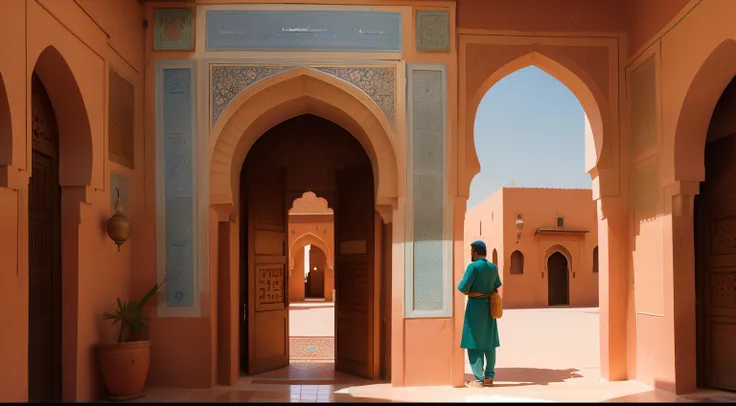 Date: 2003
Location: Marrakech, Morocco
Description: In a vibrant Moroccan riad, a traveler gazes at a collection of ornate doors and intricate tiles displayed against the backdrop of a sun-drenched courtyard.