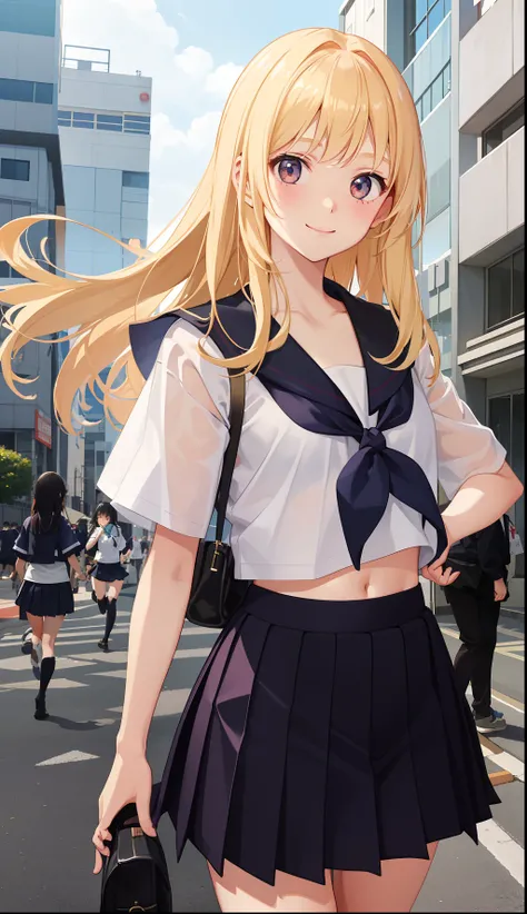 1girl in、A smile、The shirt、skirt by the、（small tits）Chilarism、Japan High School Student Uniform、serafuku、summer clothing、（Sheer Bra）、Upper body portrait、blonde  hair、Dynamism!!Running with the wind、