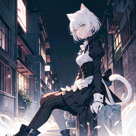 catgirl with asymmetric fashion-sense and a black-and-white-striped bobcut wearing full-coverage complete traditional gothic mai...