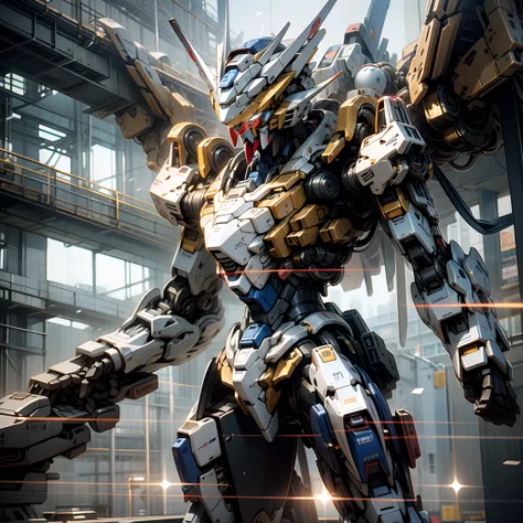 8K，tmasterpiece，high detal，hyper HD，Blue-white gasket mech，Gundam Mech，对称，（Full predecessor：1.5），Tall figure，the golden ratio，A giant sword in mecha form,Dynamic photography，Long exposure，White and blue freedom reaches its limits ，Gundam Mech，Ride the Free...