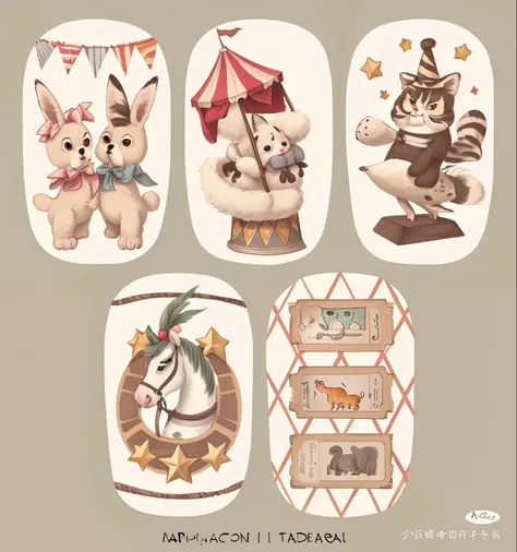 Four illustrations of circus-themed animal-themed stickers, hand painted cartoon art style, cute artwork, cute decapodiformes, cute detailed artwork, cute illustration, lovely art style, Cute cartoon, adorable digital art, stickers illustrations, marc davi...