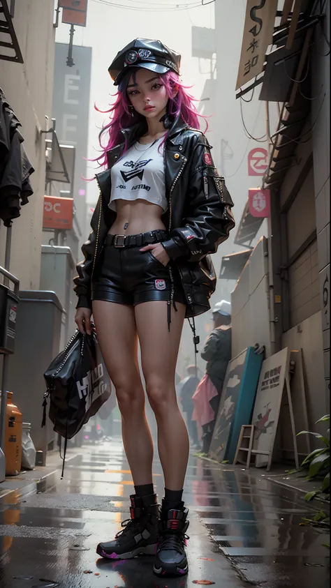 Beautiful woman medium hair, wearing cap, cyberpunk style short clothes