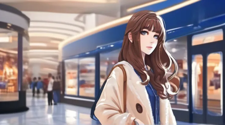 Cartoon girl with long brown hair and dark blue eyes, Front photo, dressed in fashionable clothes, Shop in a modern shopping mall, The background is blurred, detail-rich, Style is anime destiny, telephoto lenses