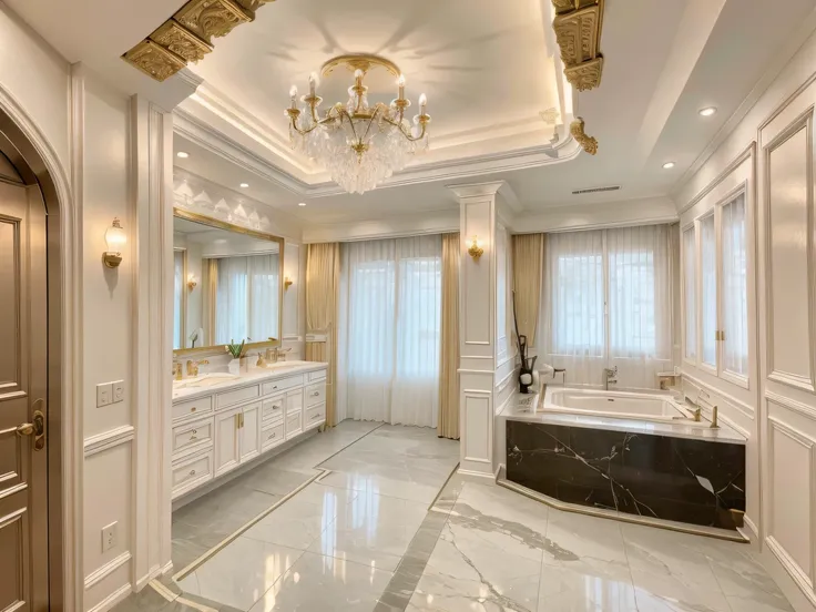 ，masterpiece, best quality，8k, ultra highres，In this wonderland bathroom，Its as if youve entered a mysterious crystal palace。When you step into it，Through the huge neon lights, the magnificent light from the ceiling illuminates the entire space。Marble deco...