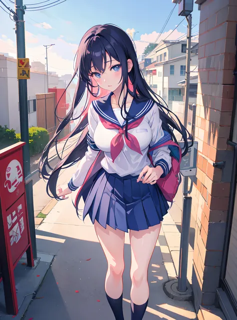 anime girl in a school uniform walking down a street, anime moe artstyle,  smooth anime cg art, beautiful anime high school girl, high detailed official artwork, digital anime illustration, anime style 4 k, young anime girl,  cute anime girl, medium breast...