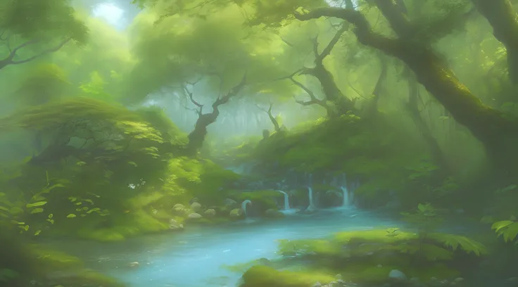 The painting shows a stream flowing through a lush green forest，Trees everywhere, Fantasy Forest, Peaceful elf forest, mystical forest lagoon, Dreamy landscape, a fantasy forest, fantasy digital painting, ethereal landscape, fantasy forest background, fant...