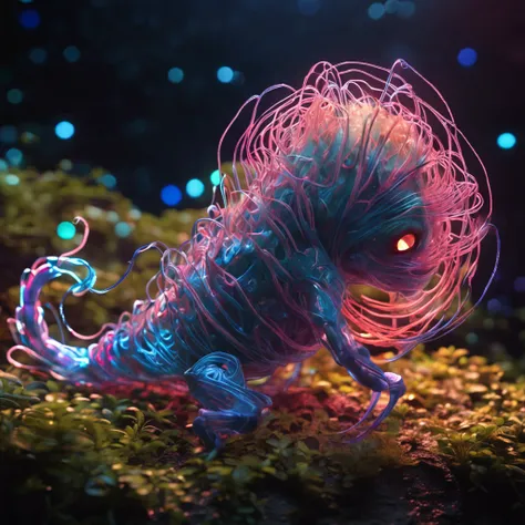 small, fantasy, Wonderful Bioluminescence stringy creatures, dark background, visible light spectrum, Shih Chieh Huang