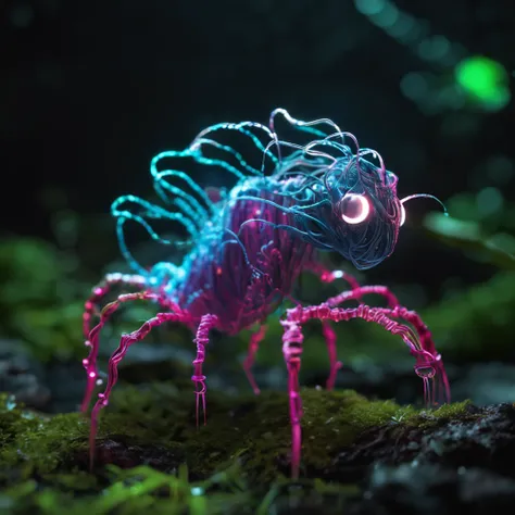 small, fantasy, Wonderful Bioluminescence stringy creatures, dark background, visible light spectrum, Shih Chieh Huang