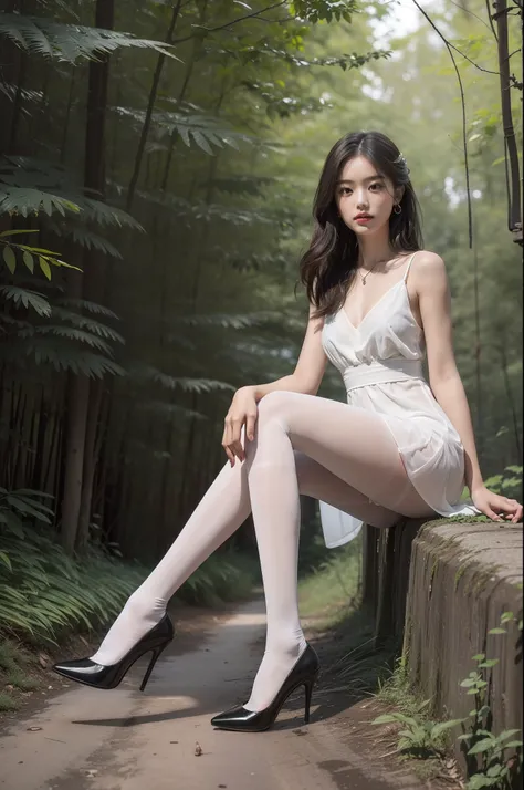 (full body:1.5)，(1girl:1.3),(view the viewer:1.4)，(anatomy correct:1.3),(sitting in the forest:1.2),(Wearing a Hot weather Style Dress:1.2),(Opaque pantyhose:1.3),( girl pointed thick heels :1.1)，(Accurate and perfect face:1.3),(Long legs:1.3),hyper HD, Ra...