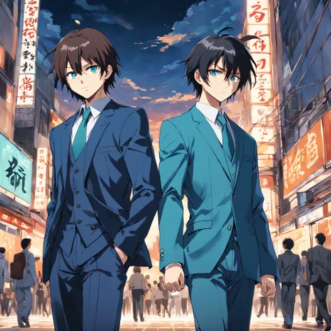 two guys walking down a street in tokyo, having fun, one black hair blue eyes, second brown long hair green eyes, 2000 vibes, 2000s anime, one dressed business formal the other casual