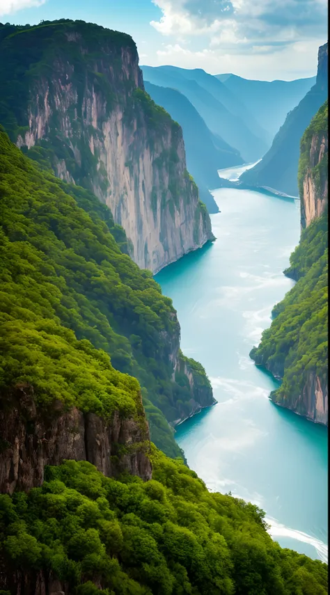 Masterpiece, ultimate quality, Cg unity 8k wallpaper, super delicate, beautiful sky and clouds, rich natural scenery, cliffs, lakes and rivers, waterfalls and flying water, beautiful green mountains, no trace of people, excellent scenery, has already won a...