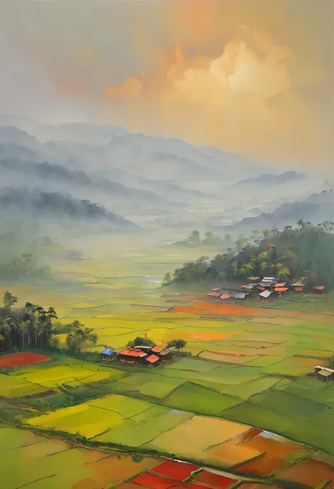 Large expanses of terraced fields, mountains, huts, with rice fields, rice fields, neat rice seedlings in the fields, misty rain, villages, agriculture, in the tranquil landscape, misty weather, in the vast tranquil landscape, in the early morning, in the ...