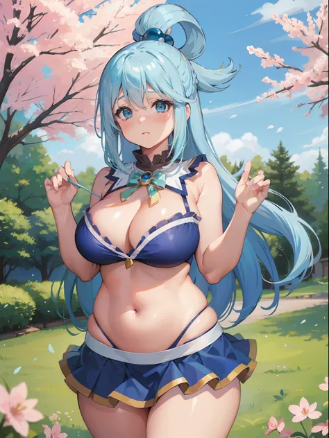 Aqua, konosuba, light blue hair , blue eyes, field background, Sakura tree background, chubby curvy body, large breast, non black bra , non blue skirt,