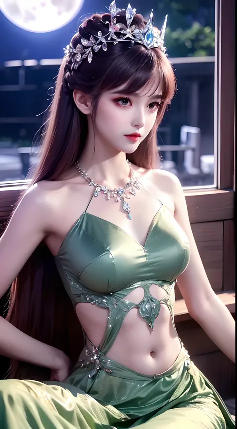 4K ultra hd, masterpiece, a cute girl, long hair, princess hairstyle, princess dress, dark green crystal dress, bare stomach, lace, necklace, princess hat, moon background, sitting,