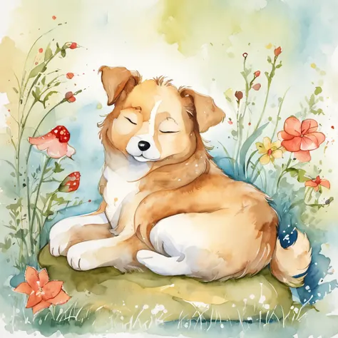 sleeping dog, animals, cute, kawaii, chibi, simple background