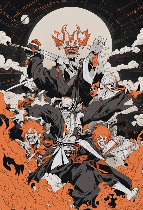 shinigami，Kurosaki Ichido wears a bullhead mask，Man with short orange hair，Apolysis，Black Tai Dao，Crescent Sky Chong ，Black flame，Dash into the camera money in the sky，