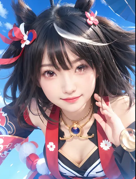 Anime girl with black hair and red eyes with red and white umbrella, Ayaka Genshin Impact, portrait onmyoji, ayaka game genshin impact, keqing from genshin impact, Onmyoji, hanayamata, anime moe art style, zhongli from genshin impact, official artwork, spl...