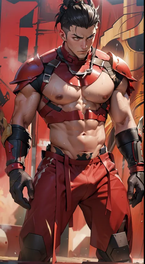 A tall muscular boy , posing ,(The whole body of the character),impact , Sweaty , Wet , Seductive , Bigboobs , large bulge , big balls ,, From the knees , big assa,mechs,punky style, undercut hairstyle, macho guy, red armor, spartan style, Brown Eyes, Figh...