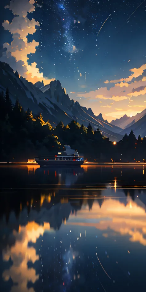 High quality masterpiece, landscape, anime train passing through bodies of water on tracks, bright starry sky. Romantic train, pixiv, concept art, lofi art style, reflection. by Makoto Shinkai, lofi art, Beautiful anime scene, Anime landscape, detailed sce...