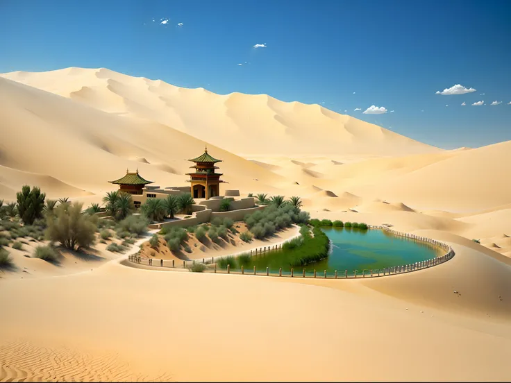 The Aalfed region in the desert，There is a small pond and a big building, film Silk Road landscape, oasis in the desert, most perfect desert on the world, majestic dunes, sand dune, In the desert oasis lake, sand dune, dreamland of chinese, sand desert, An...