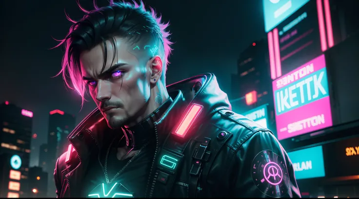 Man, cyberpunk, ultra realistic, long neon lights on background