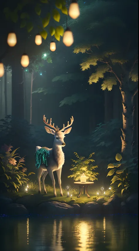 Masterpiece, best quality, (very detailed CG unity 8k wallpaper), (best quality), (best illustration), (best shadows), glow sprite, with a glowing deer, in the swimming pool Drinking water, natural elements in the forest theme. Mysterious forest, beautiful...