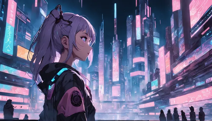 "A dreamy cyberpunk city, una mujer waifu mirando al horizonte."