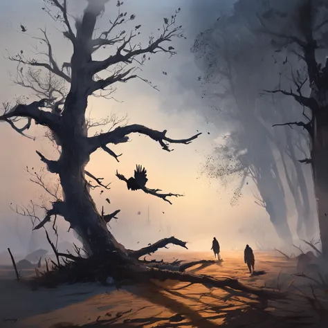 Two crows on a dead tree, A shadow shaped like a walker, Starry night, Thick fog on the ground, Blue light on the horizon, Unreal Engine 5, Cinematic, low angle photography, Motion blur, Depth of field, Dust, Cobblestones and dirt. Splash Art, dripping pai...