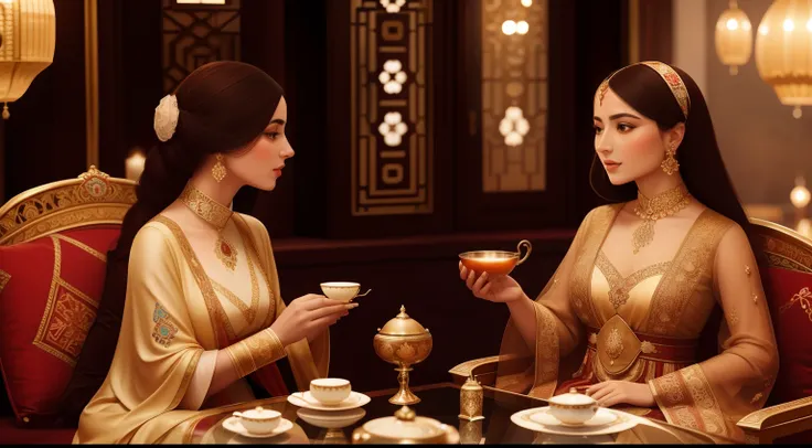 Date: 1919
Location: Istanbul, Turkey
Description: In a luxurious Ottoman tea salon, a woman sips fragrant tea from an ornate glass, the patterns of her elaborate gown complementing the intricate decor.