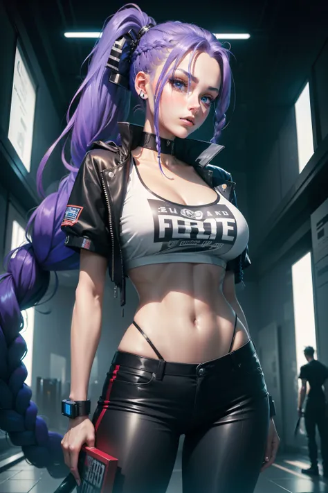 tmasterpiece，best qualtiy，8k wallpaper，The is very detailed，illustratio，（perfect bodies：1.1）, 1个Giant Breast Girl, Blue double ponytail，Long twisted braids, cyber punk style, jaket, shorter pants, Short sleeve T-shirt baseball bat side by side,