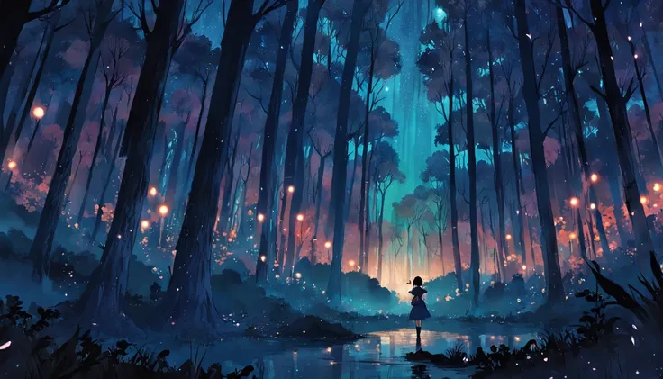 "(Epic forest at night), intensa lluvia, suave brillo de las luces de luna."