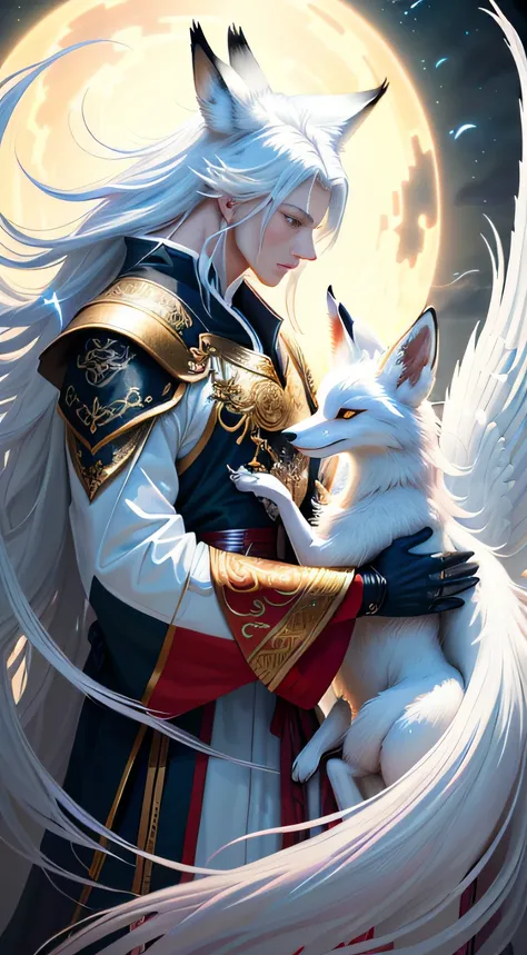 (Fox ears white haired boy)，full bodyesbian，Painting of a male fox with white hair，A huge white fox in the background，ethereal fox，nine tail fox，Fox three-tailed fox，Onmyoji detailed art，Nine tails，A beautiful artwork illustration，mythological creatures，re...