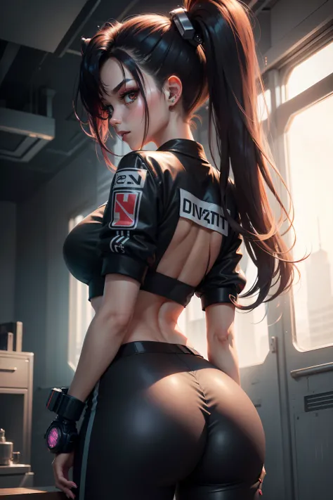 tmasterpiece，best qualtiy，8k wallpaper，The is very detailed，illustratio，（perfect bodies：1.1）, 1个Giant Breast Girl, High ponytail， cyber punk style, jaket, shorter pants, short sleeve T-shirts, Turn Back