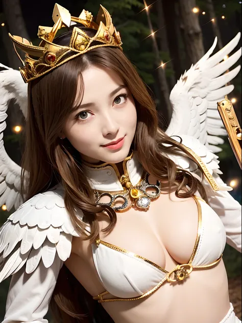 (masutepiece), Professional , masterpiece、top-quality、photos realistic , depth of fields 、(Wind element),tornado,Lightning,(Gemstone Silver Metal Body:1.9),(Matte White、(Gangles forest background),(Brown hair long straight)、((Jewel Gold Weapon))、(Castle b...