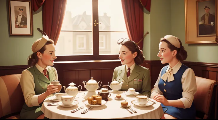 Date: 1944
Location: London, England
Description: Inside a charming British tea room, a group of friends in wartime attire enjoys cups of tea and pastries, their spirits lifted by the cozy atmosphere.