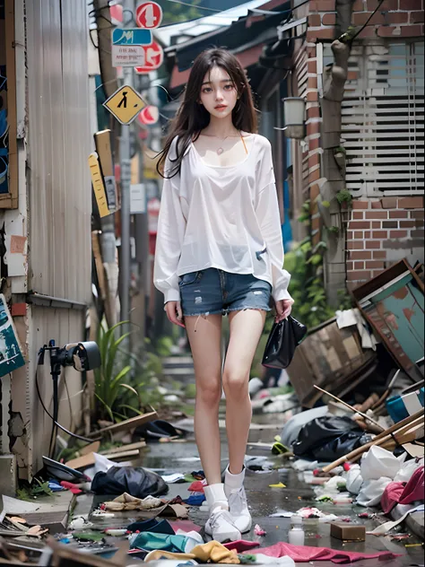 abandoned ruins，Garbage all over the ground，grimy，18-year-old Korean beautiful girl，very beautiful long slim legs，(((Random nudity)))，exhibitionists，Random exposure of genitals