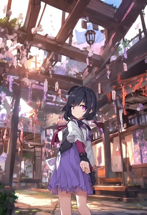 Anime girl looks like a boy，Black hair, purple hair and purple eyes in the classroom, anime moe art style, The influence of Ayaka Genjin, Ayaka Castle Village Genshin Impact, Kill Kitagawa doujin, Anime appearance of cute boy, Also, Make the video game Azu...