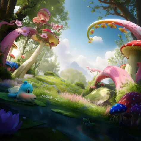 There is a picture of a colorful mushroom garden，There are flowers inside, whimsical fantasy landscape art, beautiful render of a fairytale, fantasy matte painting， Rolands Zilvinskis 3D rendering art, Beautiful digital artwork, Realistic fantasy rendering...