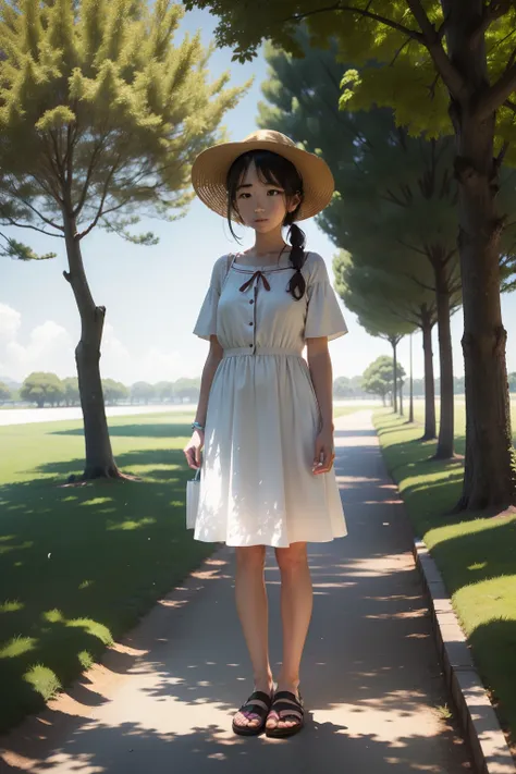 The girl standing under the tree looked up at the sky，Holding a drink in your hands，Standing under the tree，Faraway view，夏天，Under the trees，Full body portrait