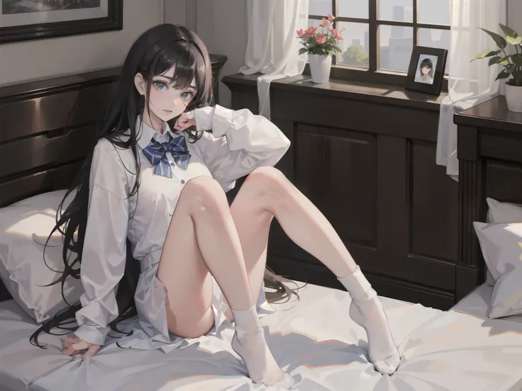 black color hair，Jk young girl with short and medium black hair，white short socks，White pile socks，8K，Need,tmasterpiece,Bedrooms，inns，whaite hair,Blue-eyed girl kneeling in front of the bed,White shirt with buttons unbuttoned,seminude，Look up at the perspe...