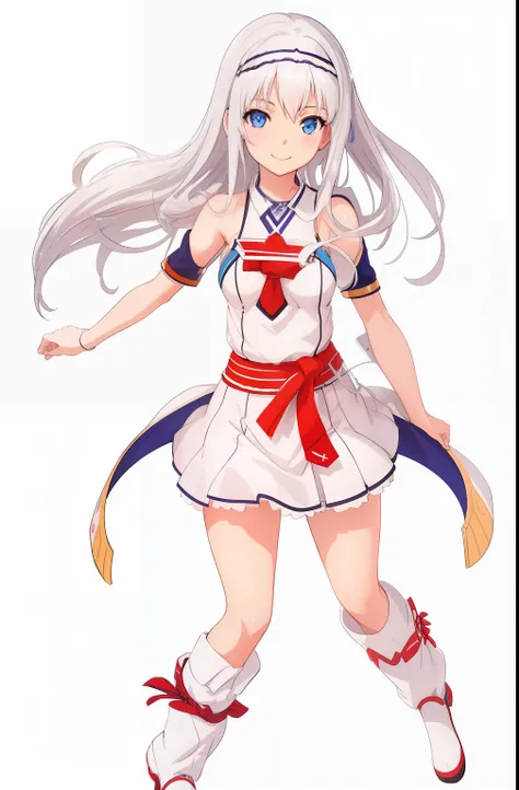 White background, Attractive Blue Eyes, animesque, disheveled hair that is down to the shoulders, white  hair, looking happy smile, full bodyesbian, No tie, Womens miniskirts, 14years, Anime-style beautiful girl, hyper detailed painting, luminism, 4K resol...