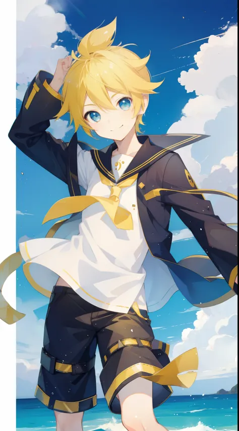 one boy, Len_Kagamine, sailor uniform, short pants, smile, cool, outdoor, character focus, cowboy shot