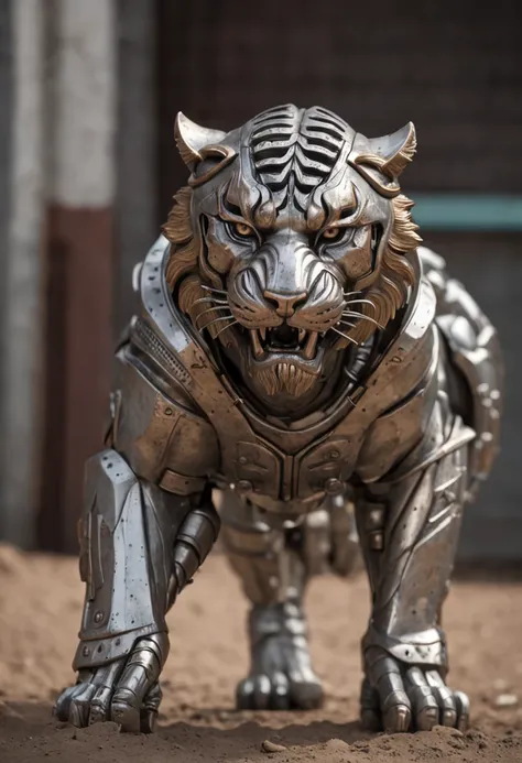 maximum quality, dramatic lighting, menacing pose, fierce expression, epic atmosphere, (((Tiger head shaped helmet))), (((tiro de corpo inteiro))),um lobo feito de metal, ciborgue, estilo cyberpunk, mechnical, ((detalhes intrincados)), HDR, ((detalhes intr...