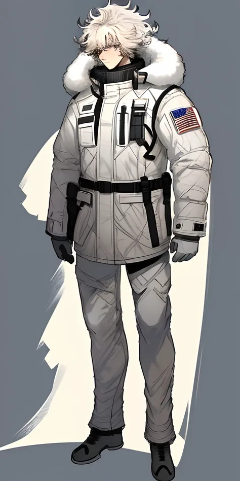 best quality, full body sketch of a lean man wearing fully white arctic camo military gear,  with albino pure plain white pushed messy hair