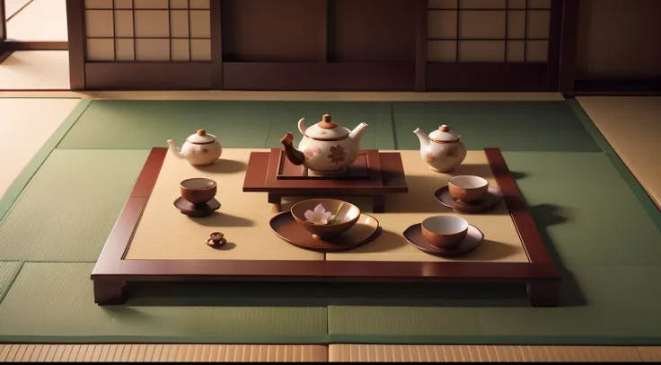 Date: 1907
Location: Kyoto, Japan
Description: A meticulously arranged Japanese tea set, adorned with delicate cherry blossom patterns, is placed on a traditional tatami mat, bathed in the soft light of a tranquil garden.