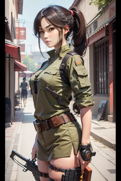 Front, Beauty, Chinese, disguise, Casual wear, Weapons specialist, Brunette hair and long ponytail，long braid，long braid